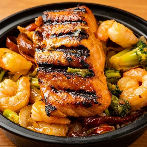 Grilled salmon and shrimp with broccoli and onions in a black bowl on a wooden table.