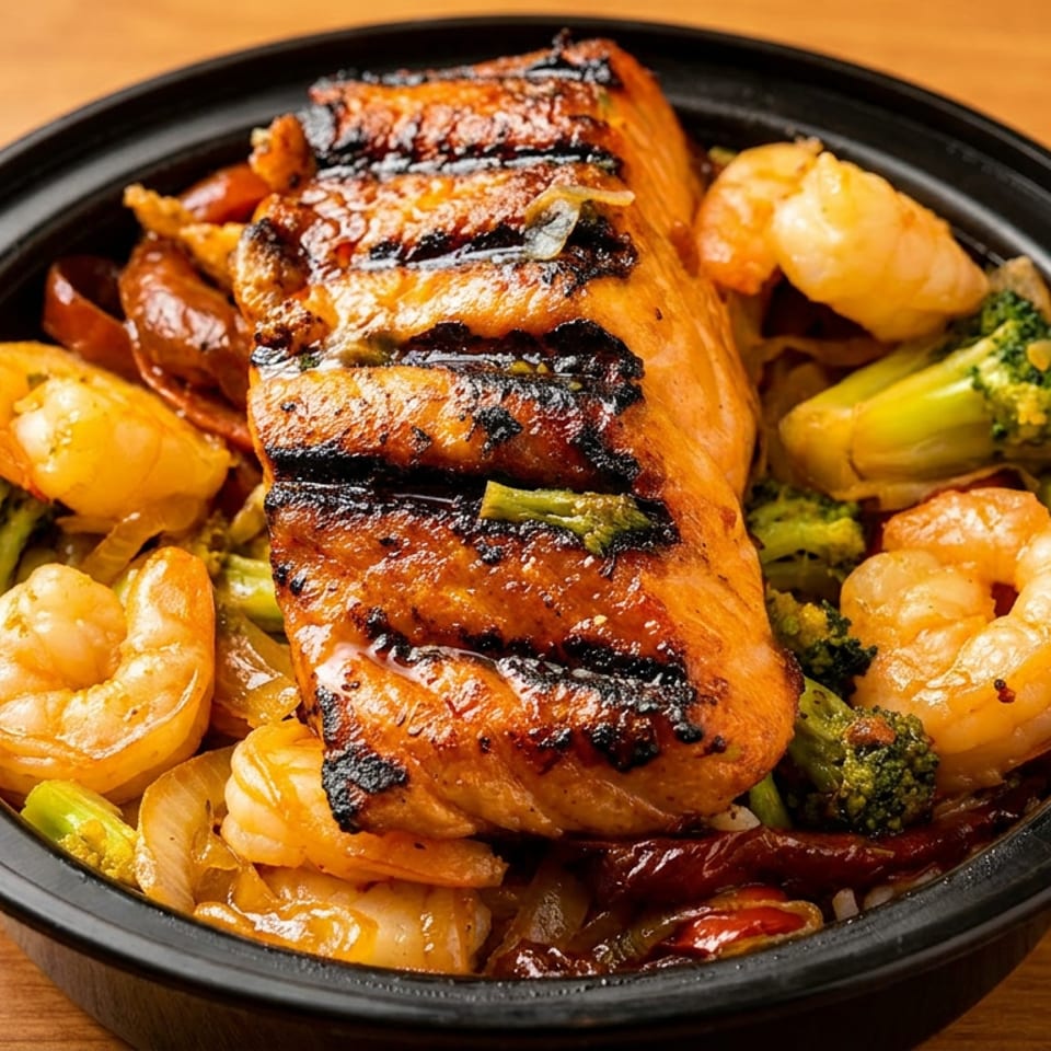 Grilled salmon and shrimp with broccoli and onions in a black bowl on a wooden table.