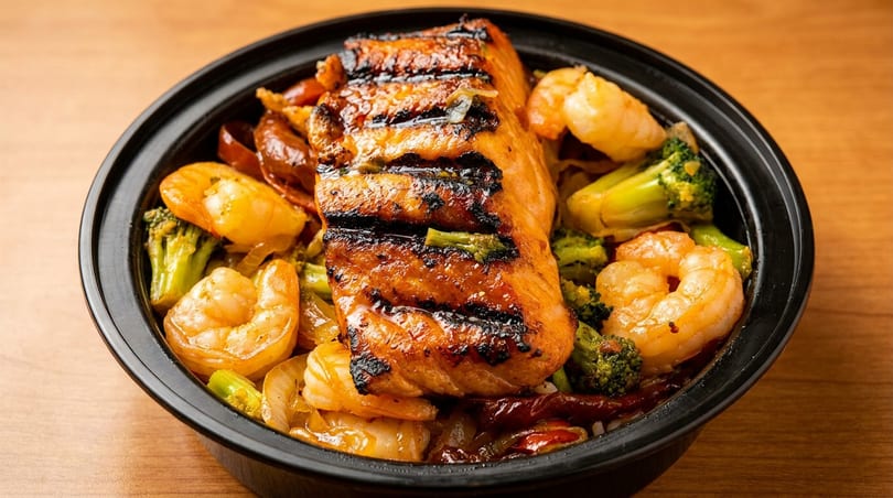 Grilled salmon and shrimp with broccoli and onions in a black bowl on a wooden table.