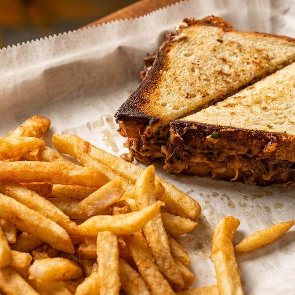 Pulled pork sandwich on toasted bread with a side of golden french fries on white paper.