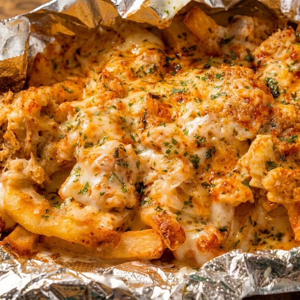 Cheesy fries with herbs and chicken in a foil container on a wooden surface.