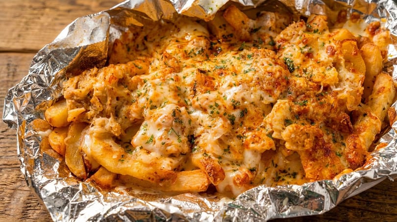 Cheesy fries with herbs and chicken in a foil container on a wooden surface.
