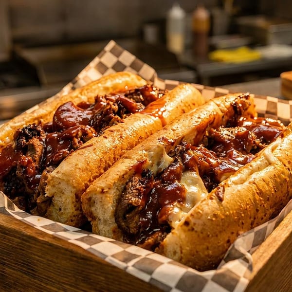 Three BBQ brisket sandwiches with melted cheese and sauce in a wooden tray with checkered paper.