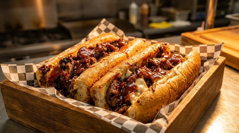 Three BBQ brisket sandwiches with melted cheese and sauce in a wooden tray with checkered paper.
