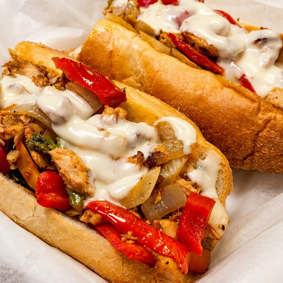 Two chicken cheesesteak sandwiches with melted cheese, red peppers, and onions in a white paper-lined tray.